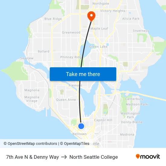 7th Ave N & Denny Way to North Seattle College map