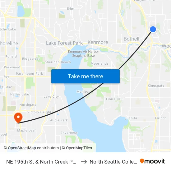 NE 195th St & North Creek Pkwy to North Seattle College map