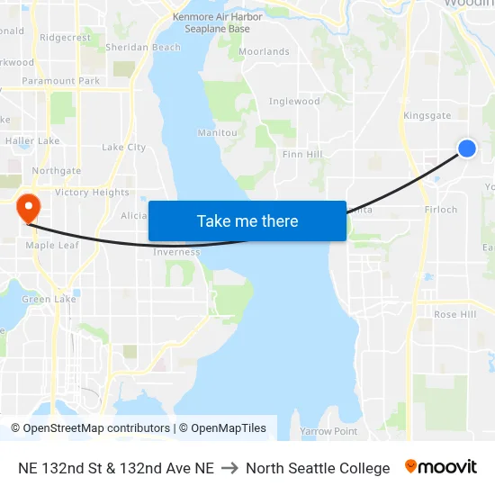 NE 132nd St & 132nd Ave NE to North Seattle College map