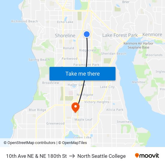 10th Ave NE & NE 180th St to North Seattle College map