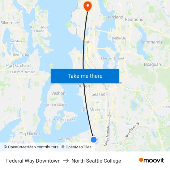 Federal Way Downtown to North Seattle College map
