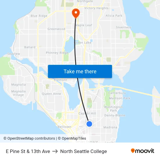 E Pine St & 13th Ave to North Seattle College map