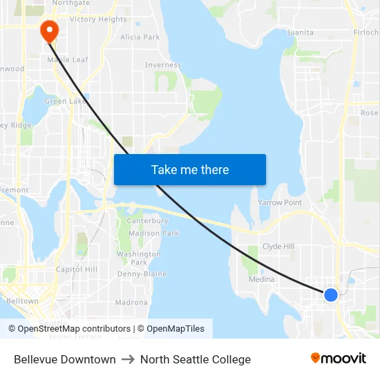 Bellevue Downtown to North Seattle College map