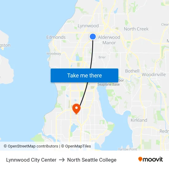 Lynnwood City Center to North Seattle College map