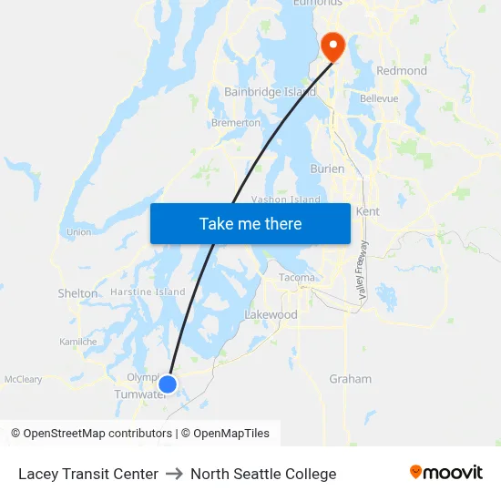 Lacey Transit Center to North Seattle College map