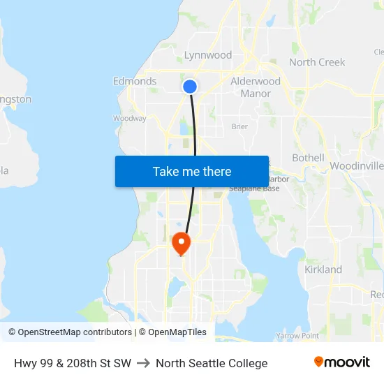 Hwy 99 & 208th St SW to North Seattle College map