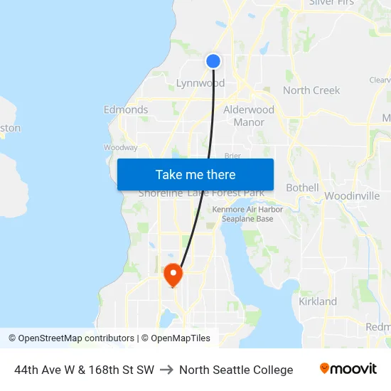 44th Ave W & 168th St SW to North Seattle College map
