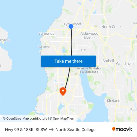 Hwy 99 & 188th St SW to North Seattle College map