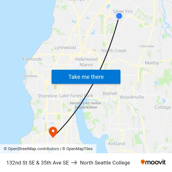 132nd St SE & 35th Ave SE to North Seattle College map