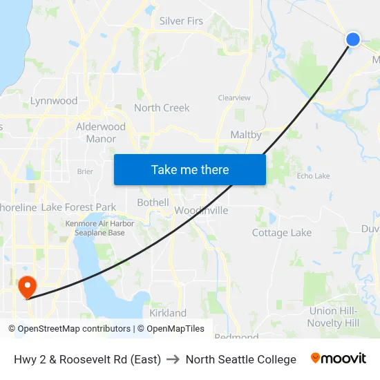 Hwy 2 & Roosevelt Rd (East) to North Seattle College map