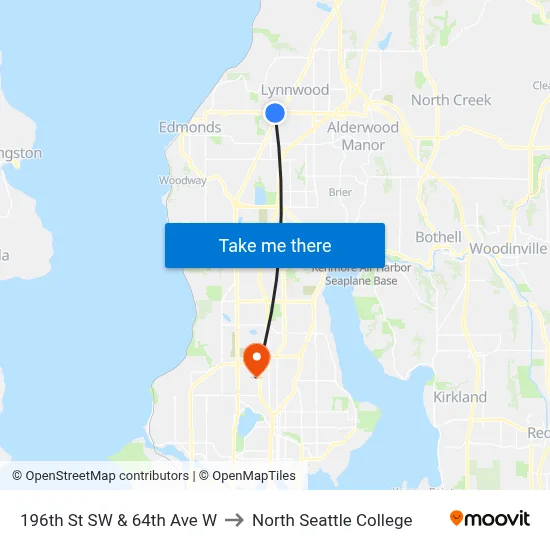 196th St SW & 64th Ave W to North Seattle College map