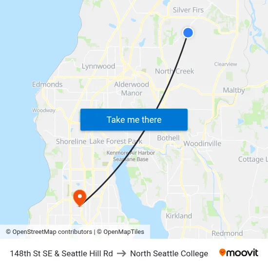 148th St SE & Seattle Hill Rd to North Seattle College map