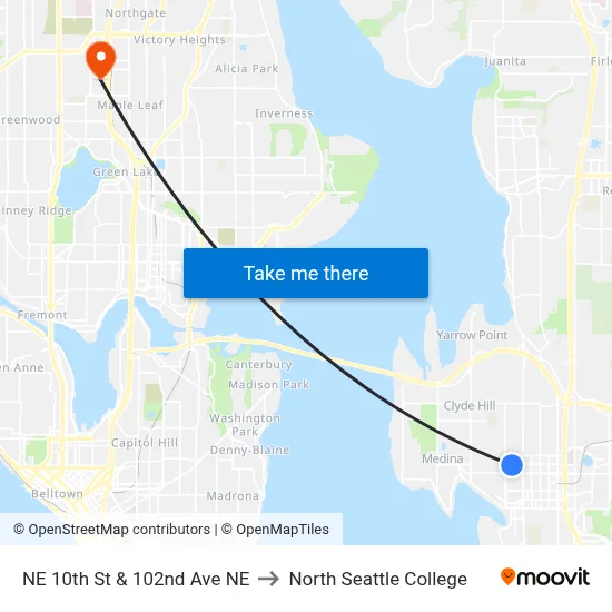 NE 10th St & 102nd Ave NE to North Seattle College map