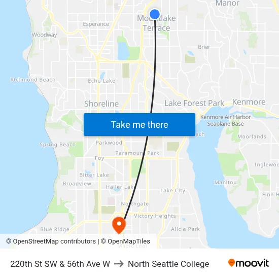 220th St SW & 56th Ave W to North Seattle College map