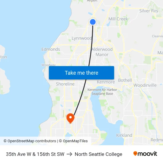 35th Ave W & 156th St SW to North Seattle College map