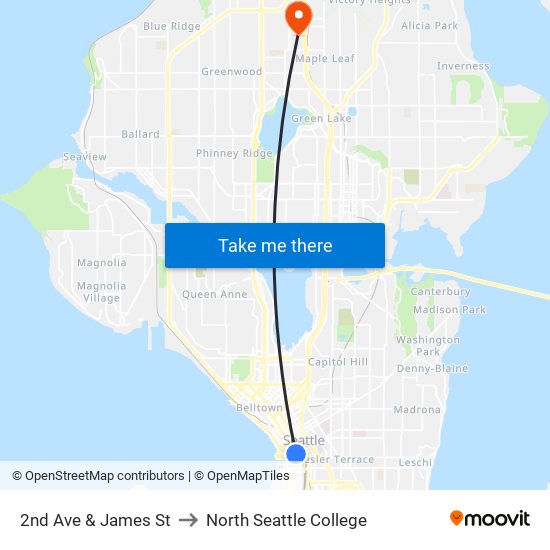 2nd Ave & James St to North Seattle College map