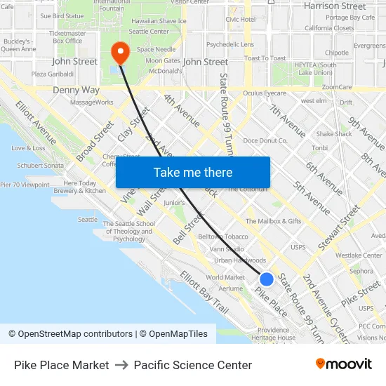 Pike Place Market to Pacific Science Center map
