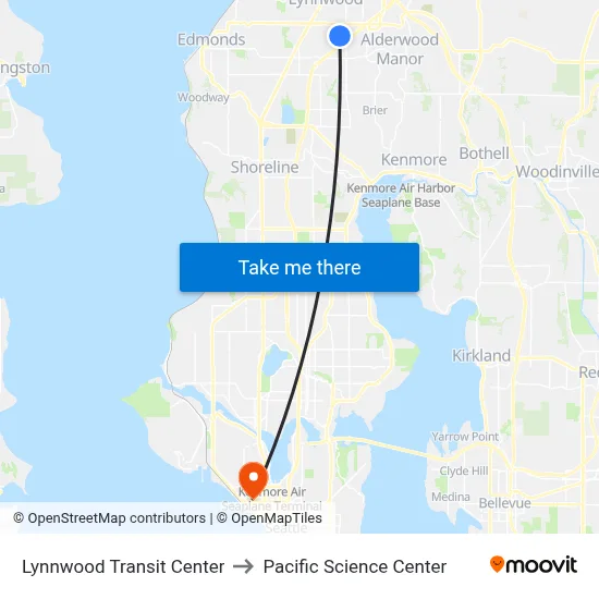 Lynnwood Transit Center to Pacific Science Center map