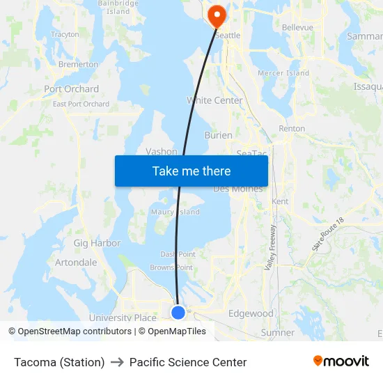 Tacoma (Station) to Pacific Science Center map