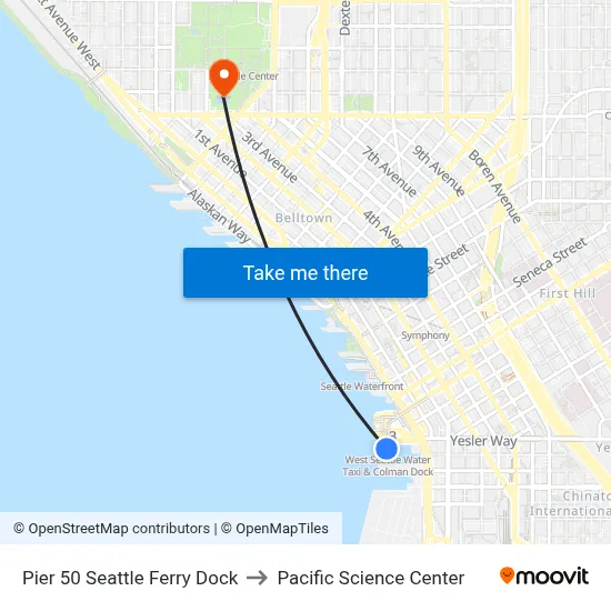 Pier 50 Seattle Ferry Dock to Pacific Science Center map