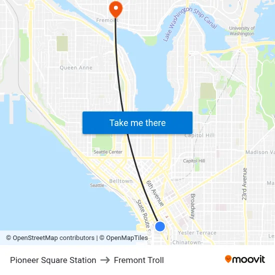 Pioneer Square Station to Fremont Troll map