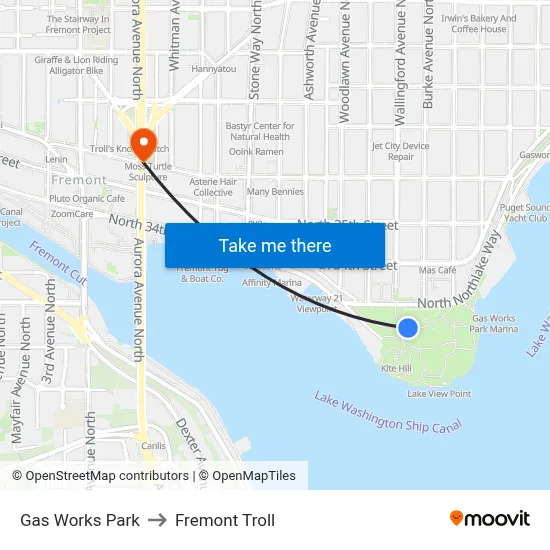 Gas Works Park to Fremont Troll map