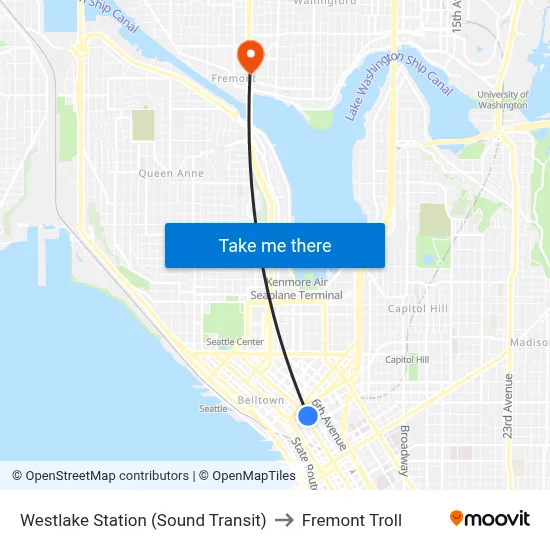 Westlake Station (Sound Transit) to Fremont Troll map