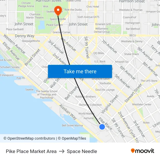Pike Place Market Area to Space Needle map