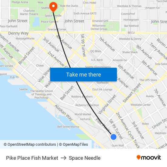 Pike Place Fish Market to Space Needle map