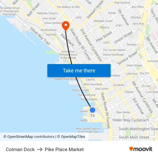 Colman Dock to Pike Place Market map