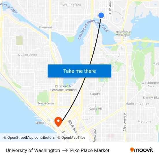 University of Washington to Pike Place Market map