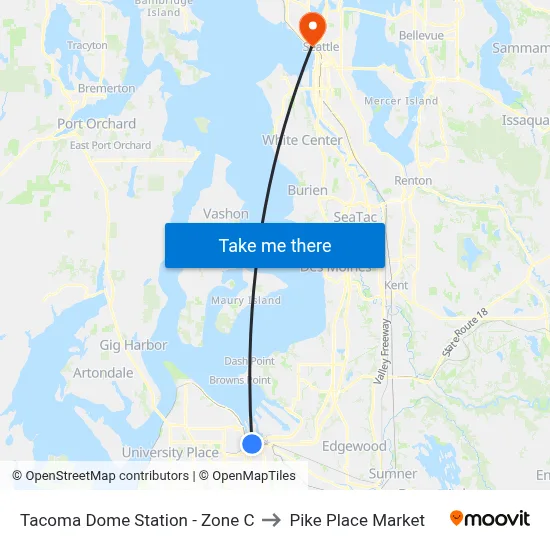 Tacoma Dome Station - Zone C to Pike Place Market map