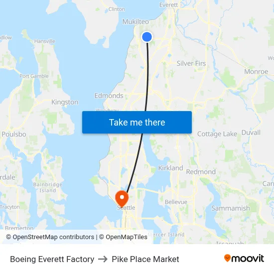 Boeing Everett Factory to Pike Place Market map