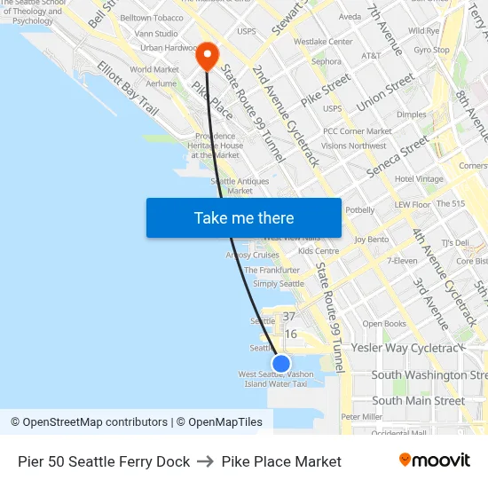 Pier 50 Seattle Ferry Dock to Pike Place Market map