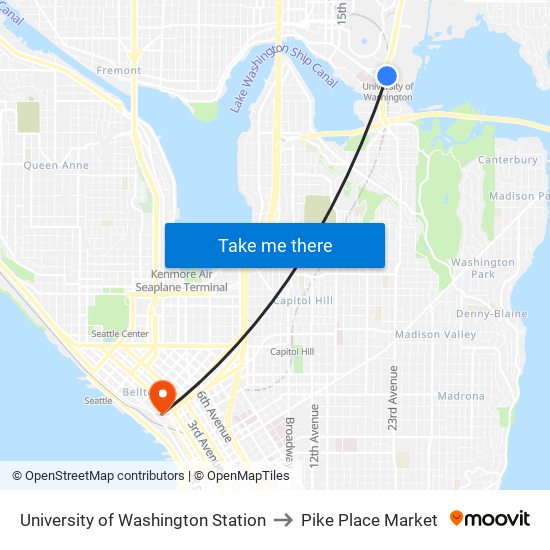 University of Washington Station to Pike Place Market map