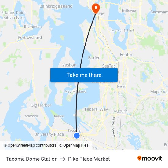 Tacoma Dome Station to Pike Place Market map