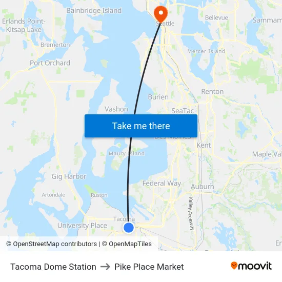 Tacoma Dome Station to Pike Place Market map