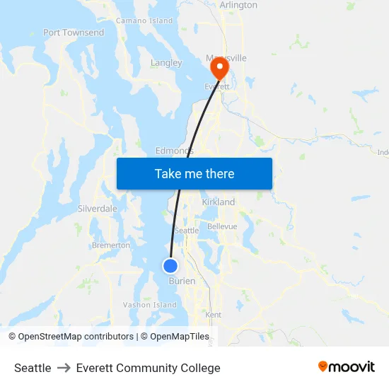 Seattle to Everett Community College map