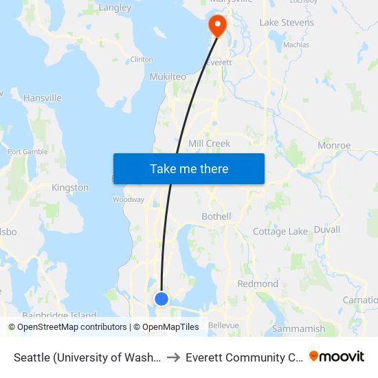Seattle (University of Washington) to Everett Community College map