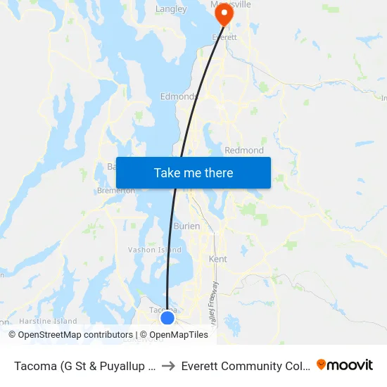 Tacoma (G St & Puyallup Ave) to Everett Community College map
