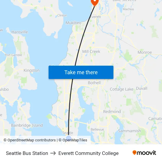 Seattle Bus Station to Everett Community College map