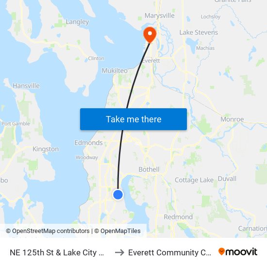 NE 125th St & Lake City Way NE to Everett Community College map