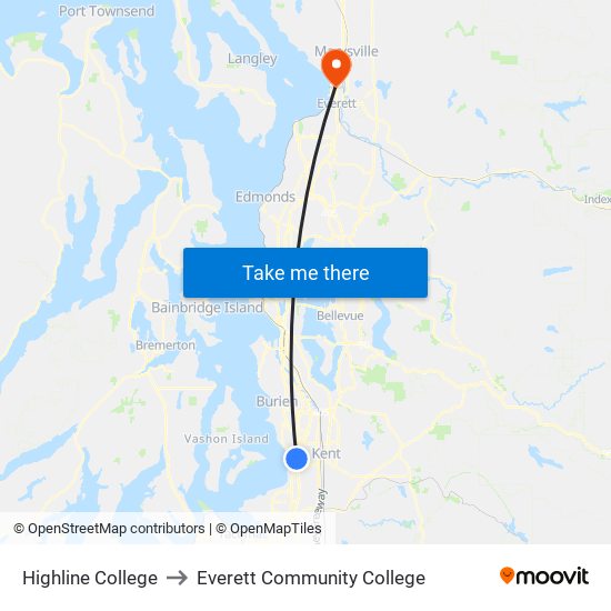 Highline College to Everett Community College map