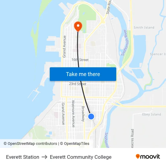 Everett Station to Everett Community College map