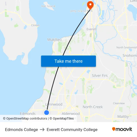 Edmonds College to Everett Community College map