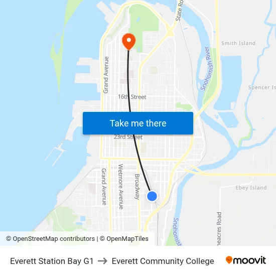 Everett Station Bay G1 to Everett Community College map
