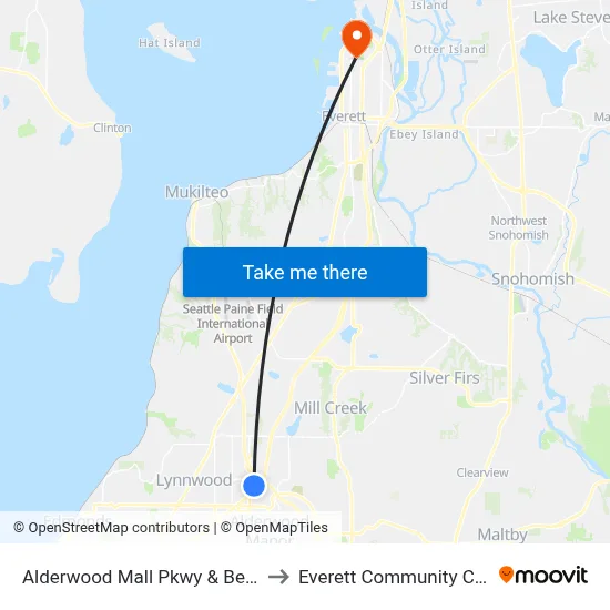 Alderwood Mall Pkwy & Beech Rd to Everett Community College map