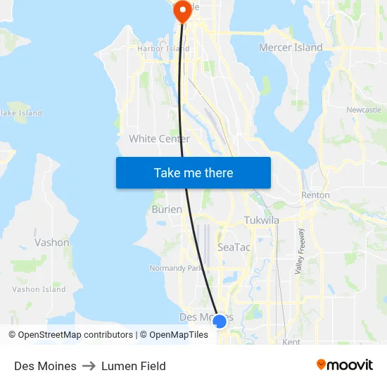 Des Moines to Lumen Field map
