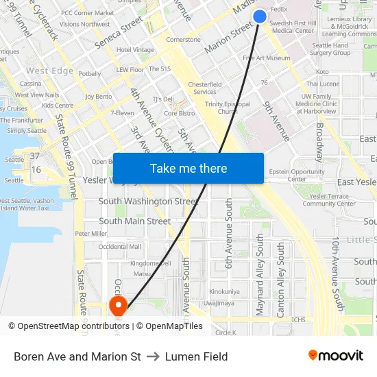 Boren Ave and Marion St, Seattle, WA 98104 to Lumen Field map