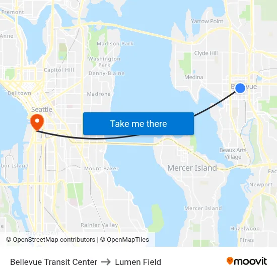 Bellevue Transit Center to Lumen Field map